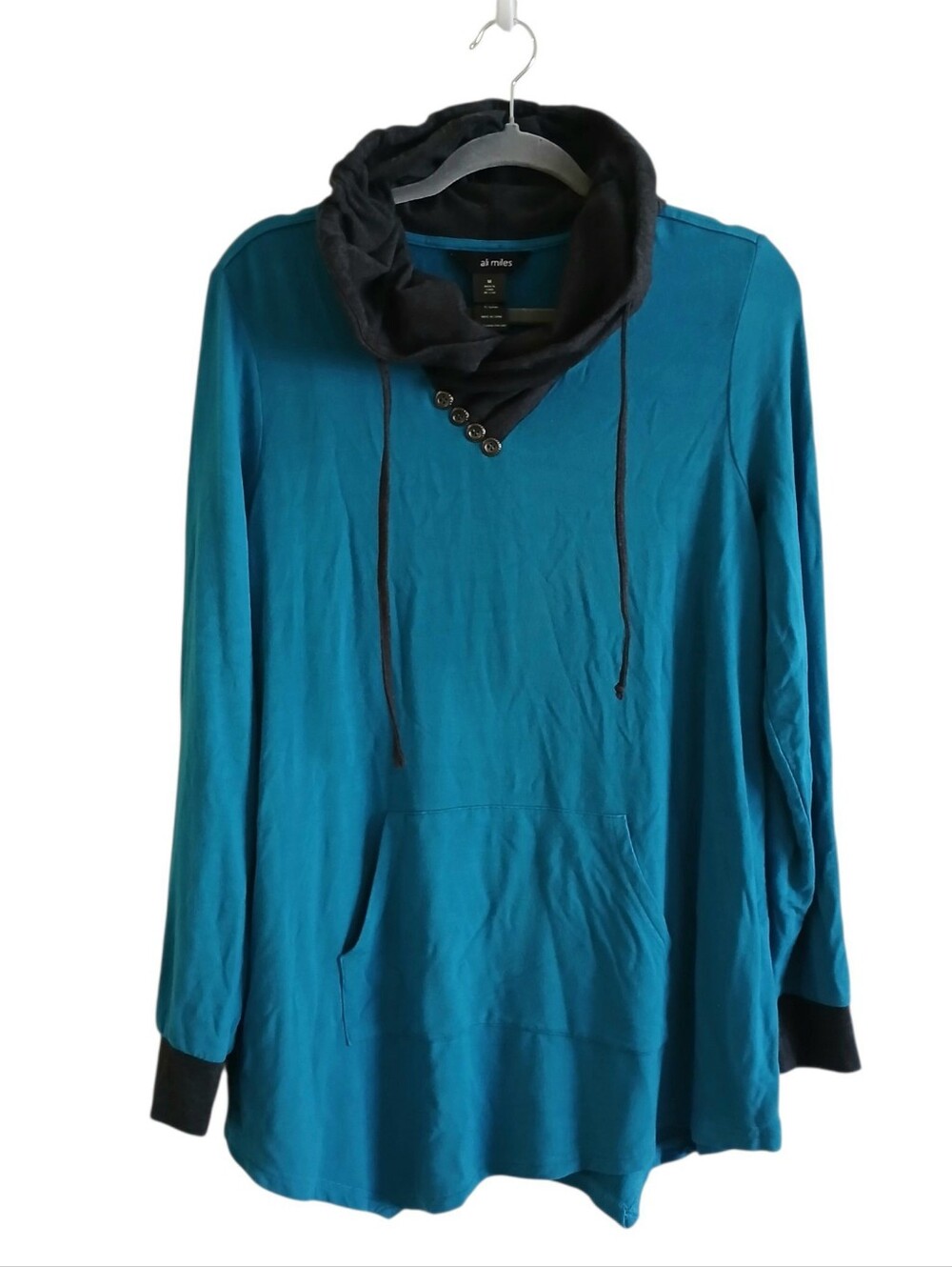 Ali Miles Lagenlook Hoodie Tunic M Button Cowl Neck Pocket Asymmetrical Cozy Art